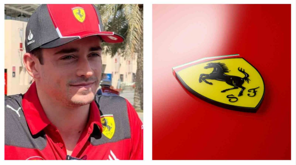 Charles Leclerc alongside the Ferrari logo after signing a new contract extension