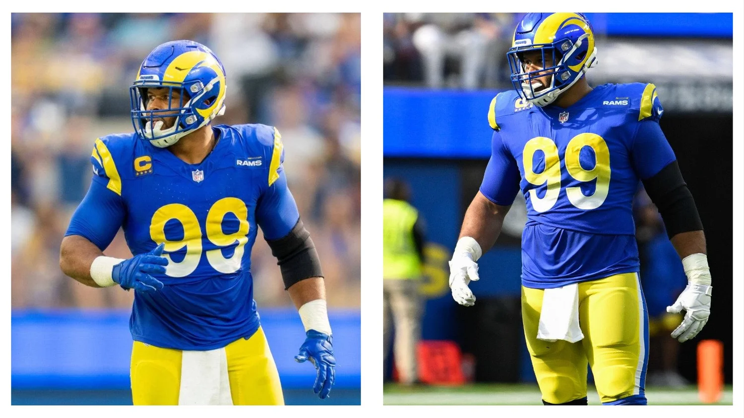 Los Angeles Rams player wearing number 99 jersey on the football field