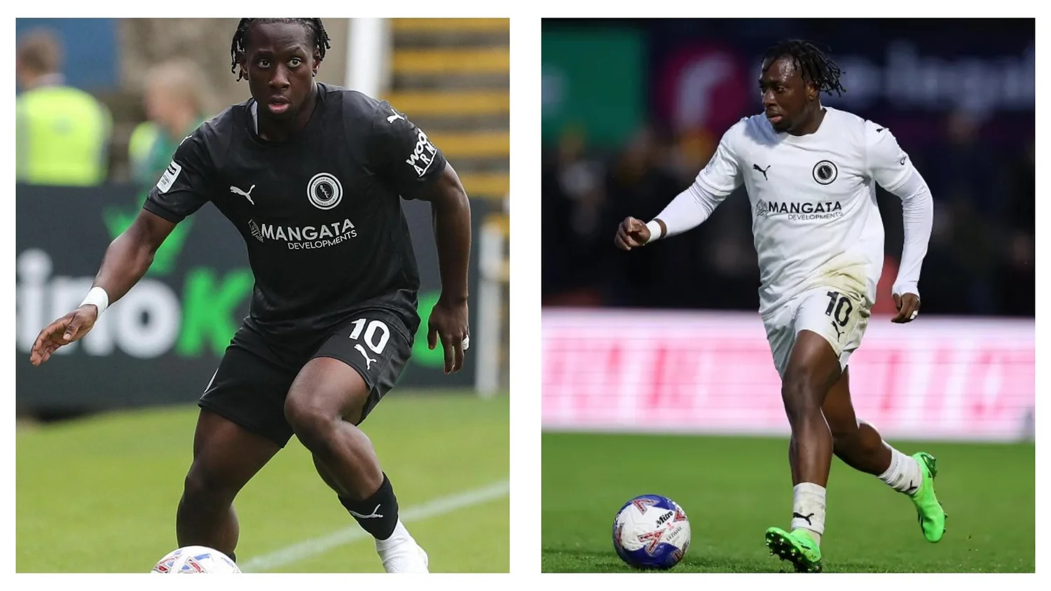 Abdul Abdulmalik playing football for Gateshead in black and white kits