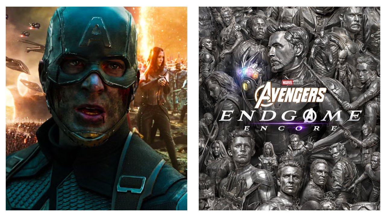 alt="Captain America leading the battle scene in Avengers Endgame alongside the Endgame Encore poster featuring the full cast in stone-carved style"