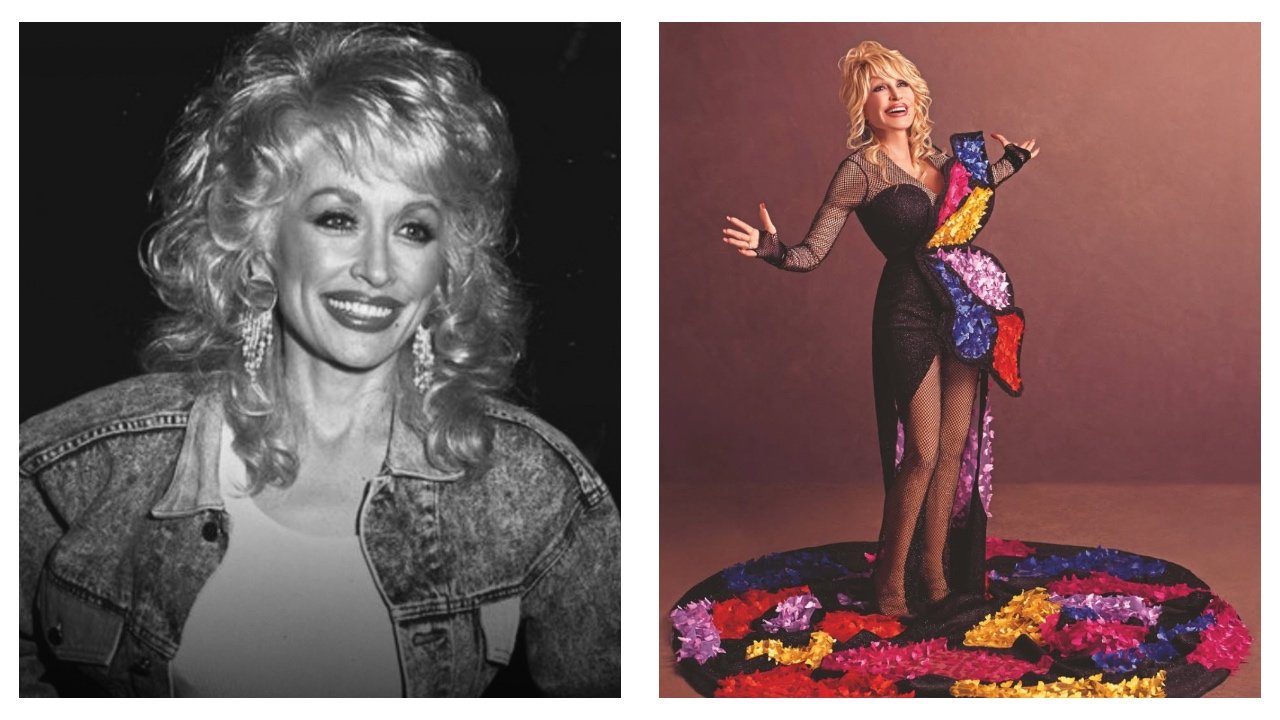 Dolly Parton in a black and white portrait wearing a denim jacket alongside a colorful glam photoshoot in a black dress"