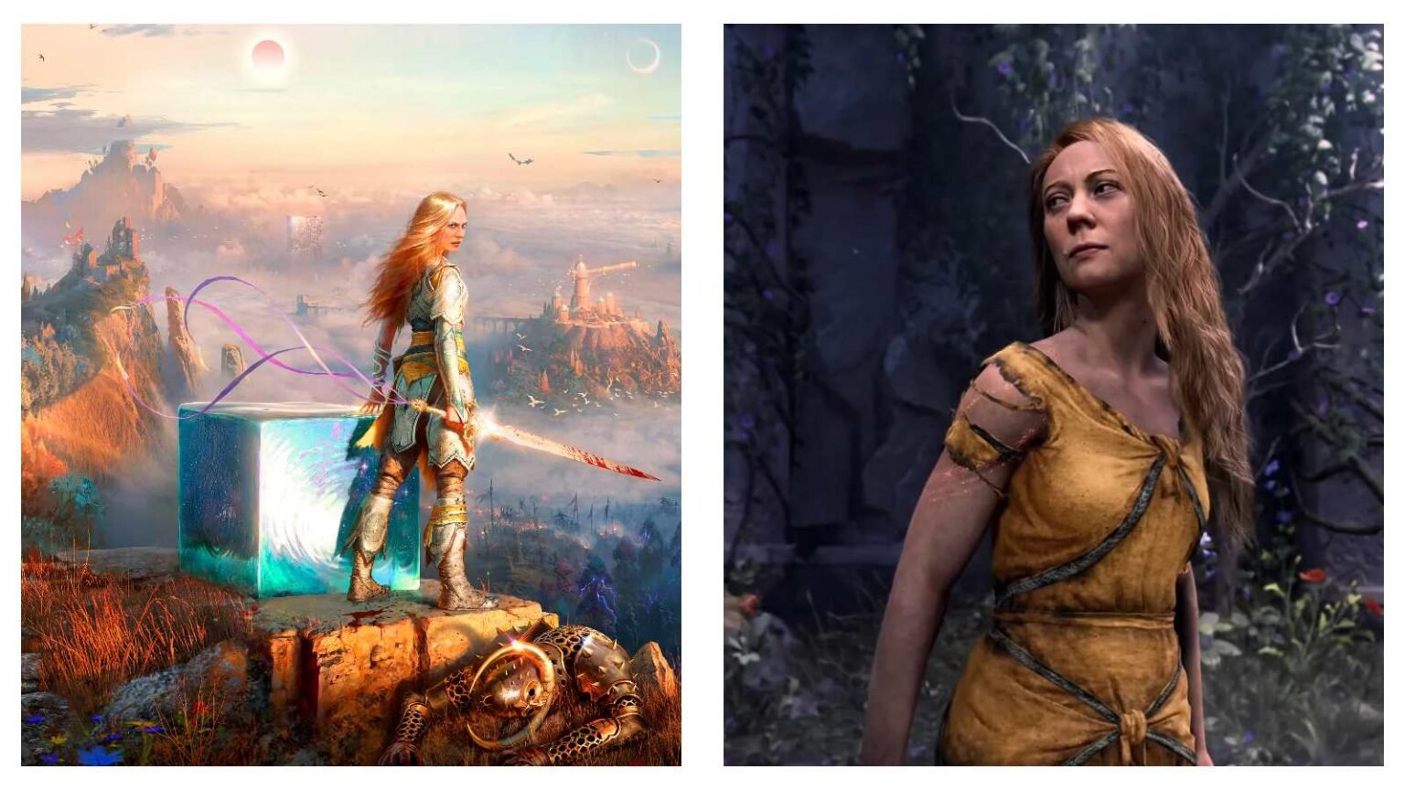 "God of War character Laufey cover art with sword and glowing artifact, alongside an in-game screenshot amid a forest setting"