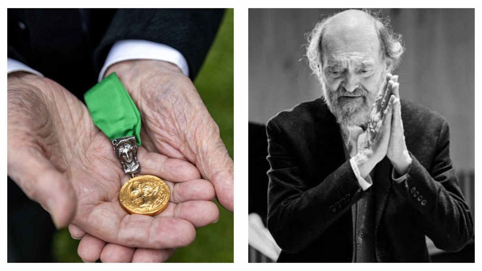 alt="Gold Goethe Medal 2026 with green ribbon beside a portrait of Estonian composer Arvo Pärt, award recipient"