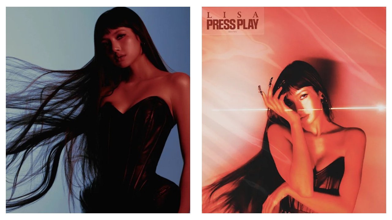 LISA in a black corset dress with flowing hair, alongside her Press Play album cover art in red tone