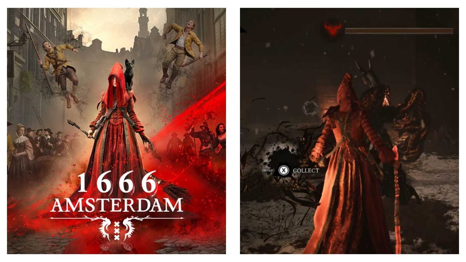 alt="1666 Amsterdam game cover art and gameplay screenshot showing the red-cloaked protagonist in combat with a demonic enemy"