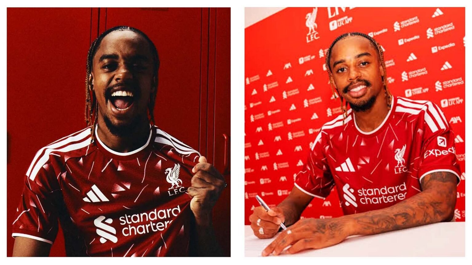 Liverpool player wearing red jersey signing contract