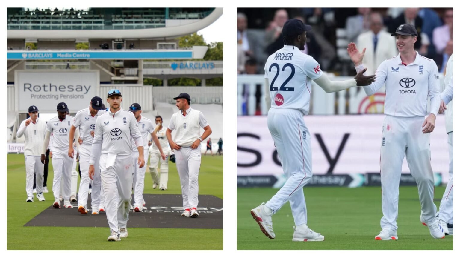 England cricket team walking off the field at Lord's alongside Jofra Archer and teammate celebrating during the Pakistan Test"