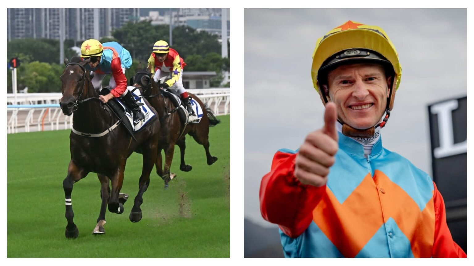 Ka Ying Rising racing on the track with jockey alongside a celebratory thumbs up after the barrier trial win"