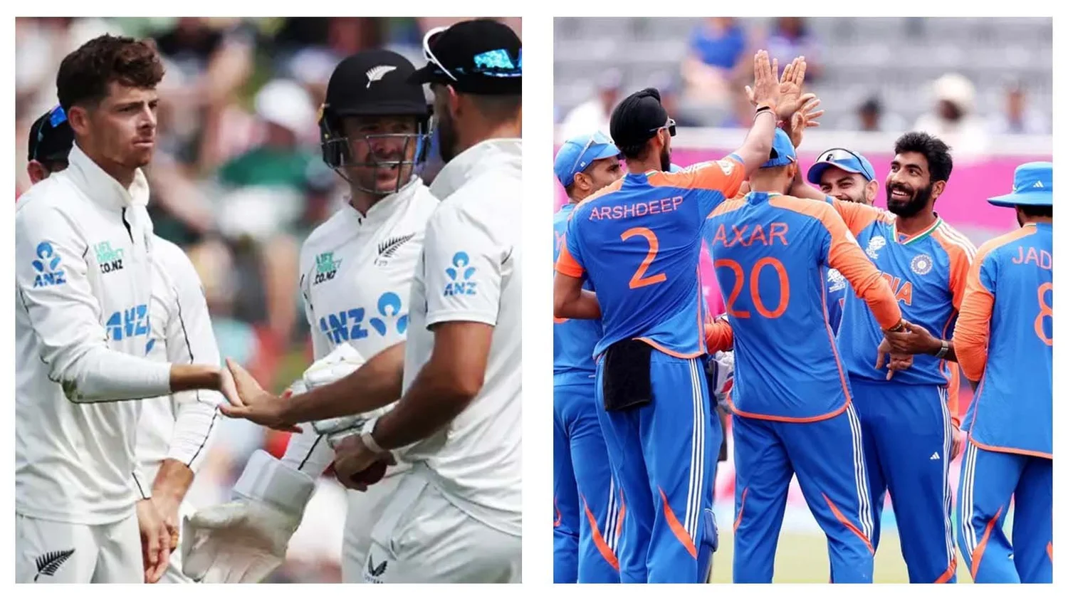 New Zealand Test cricketers shaking hands alongside Indian players celebrating a wicket in blue ODI kits"