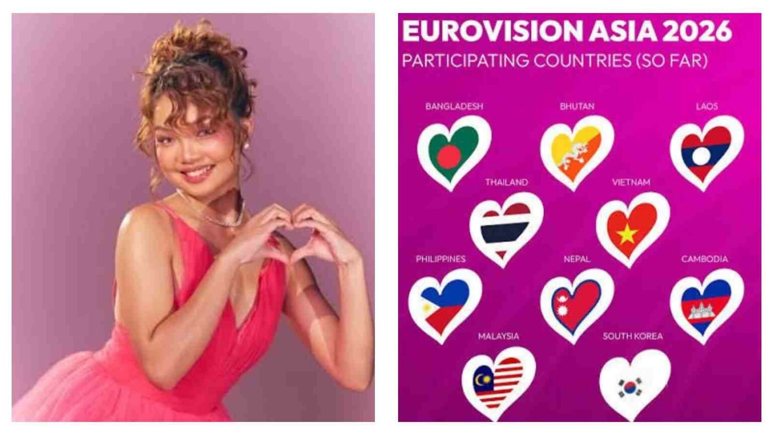 "Philippine singer making a heart sign in a pink dress alongside a Eurovision Asia 2026 graphic showing participating countries"