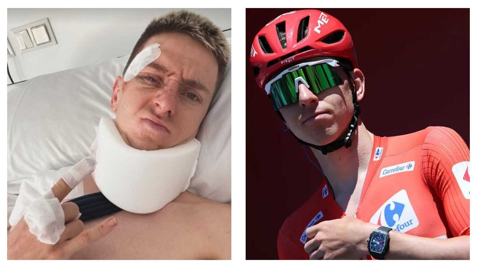 "Tadej Pogačar in hospital after his La Vuelta 2026 crash, alongside a photo of him racing"